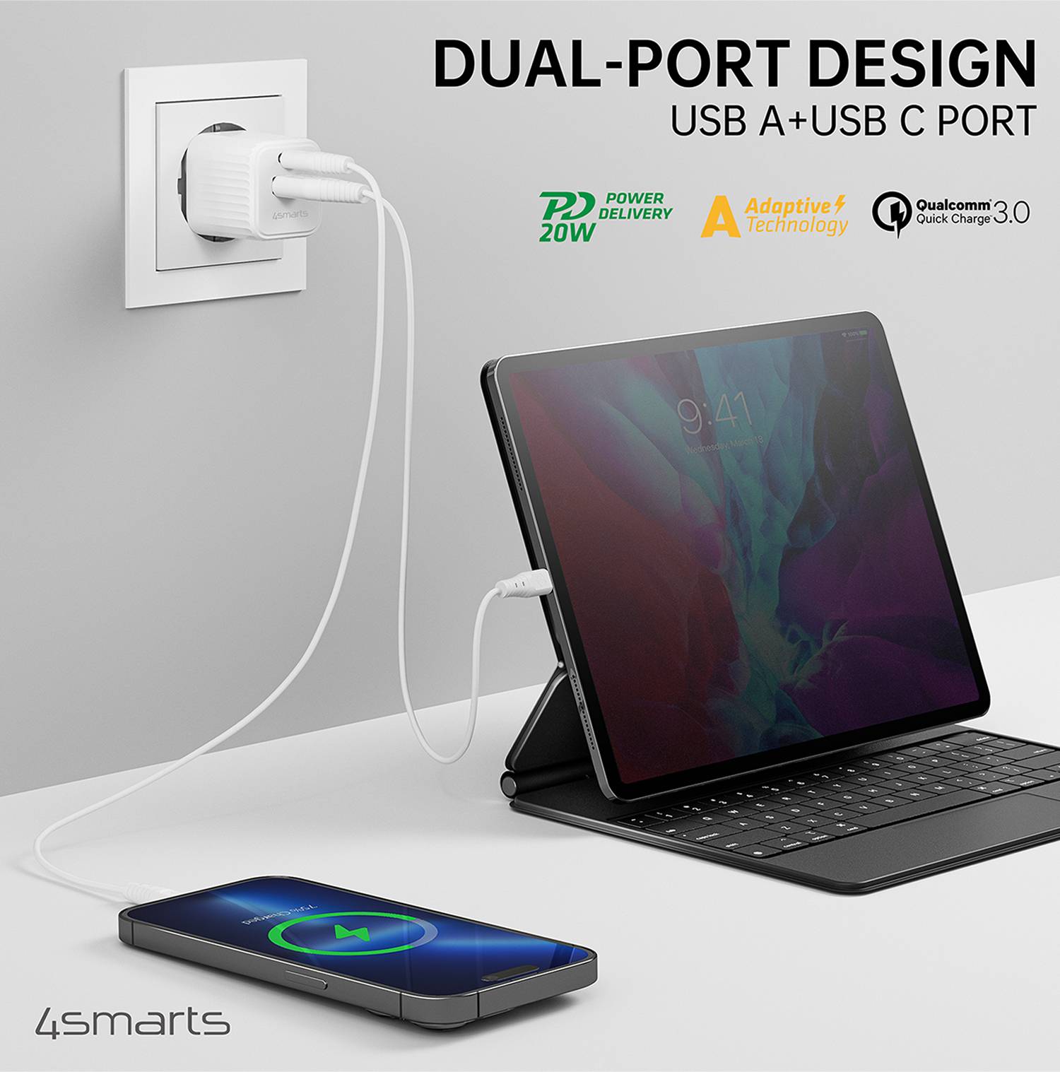 4Smarts VoltPlug Duos Mini PD Netzteil / Stromversorgung 20 W USB-A, USB-C® Weiß Steckdose USB Power Delivery (USB-PD)