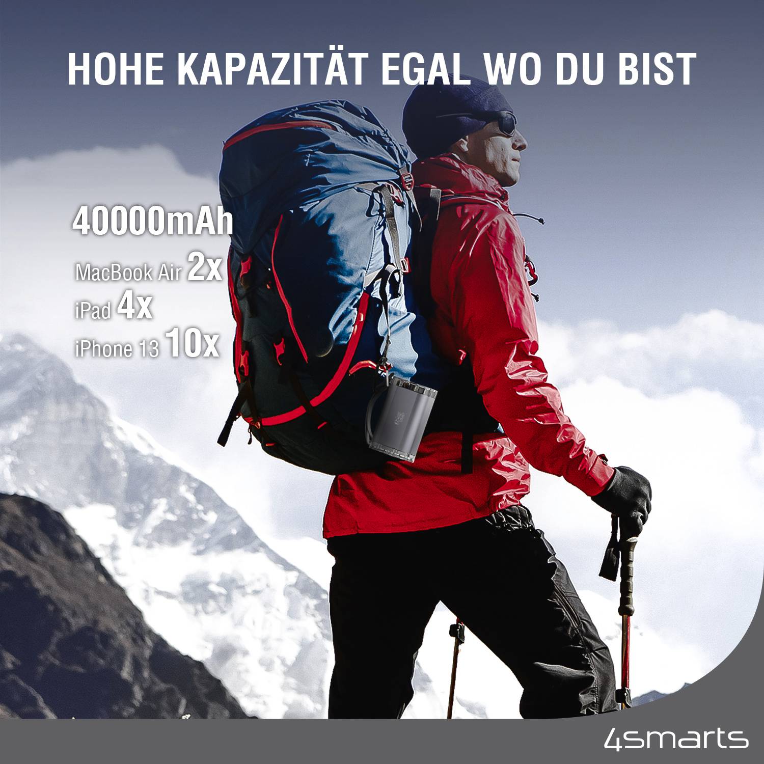 4Smarts Lucid Ultra Powerbank 40000 mAh USB PD, Quick Charge 3.0 LiPo Grau Statusanzeige, Taschenlampe