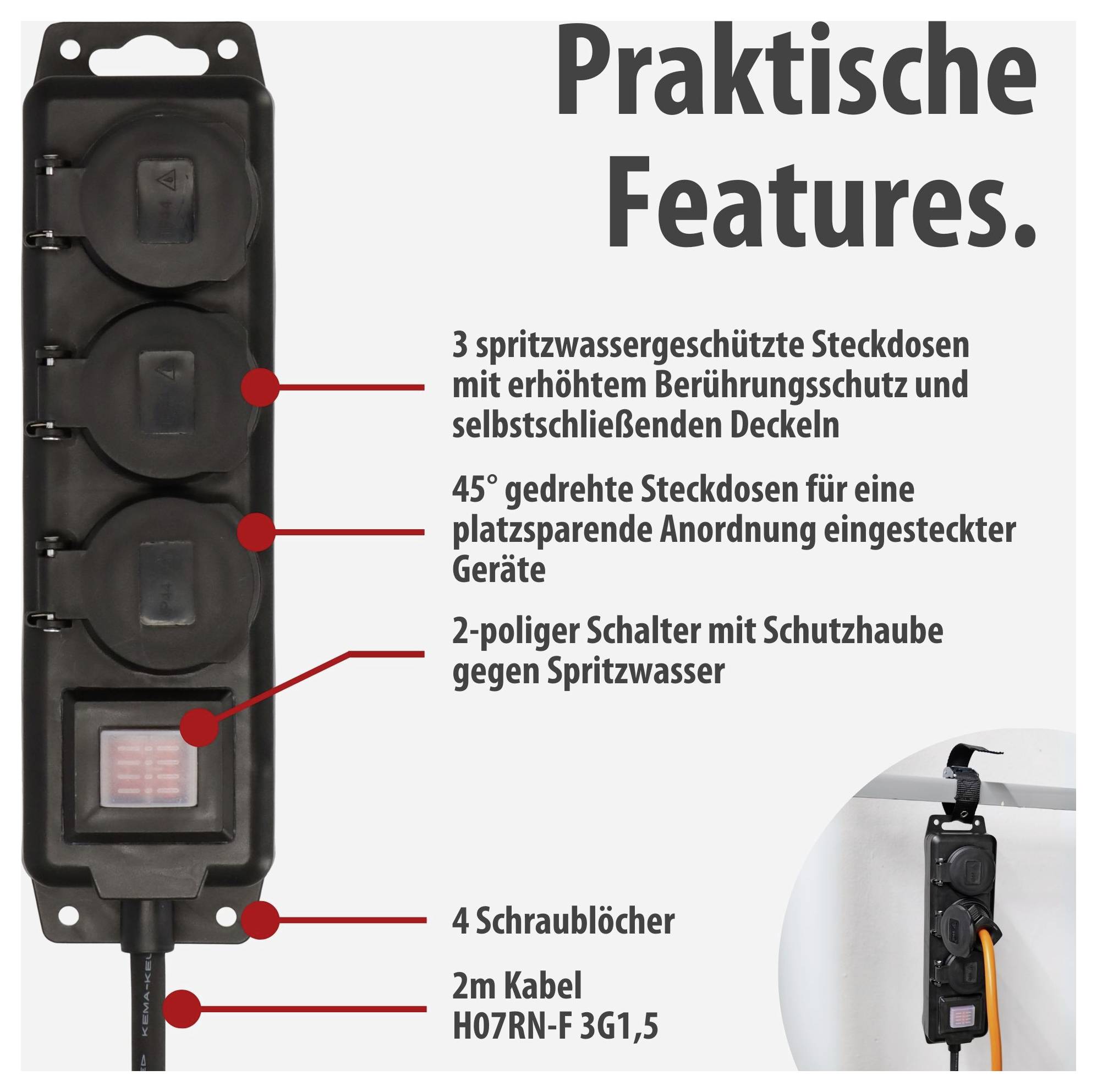 Infografik zur Steckdosenleiste: 'Praktische Features' mit 3 spritzwassergeschützten Steckdosen, 2-poligem Schalter, 4 Schraublöchern und 2 m Kabel.