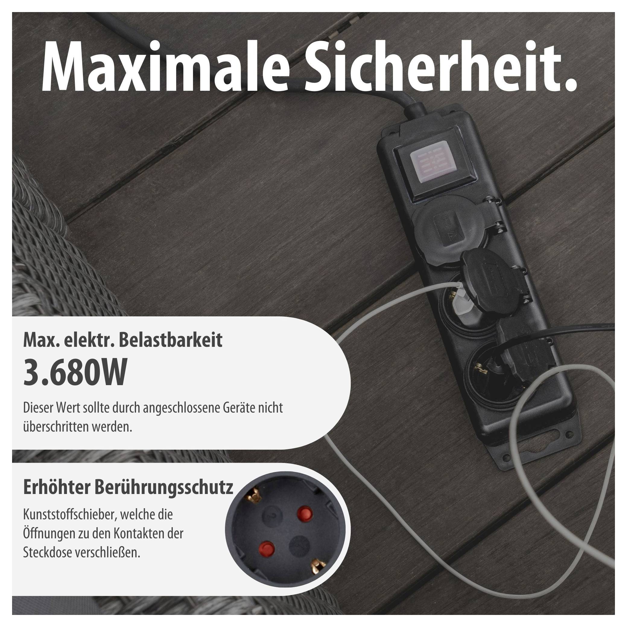 Anzeige einer Steckdosenleiste mit dem Hinweis 'Maximale Sicherheit', max. elektrischer Belastbarkeit 3.680 W und erhöhtem Berührungsschutz durch Kunststoffschieber.