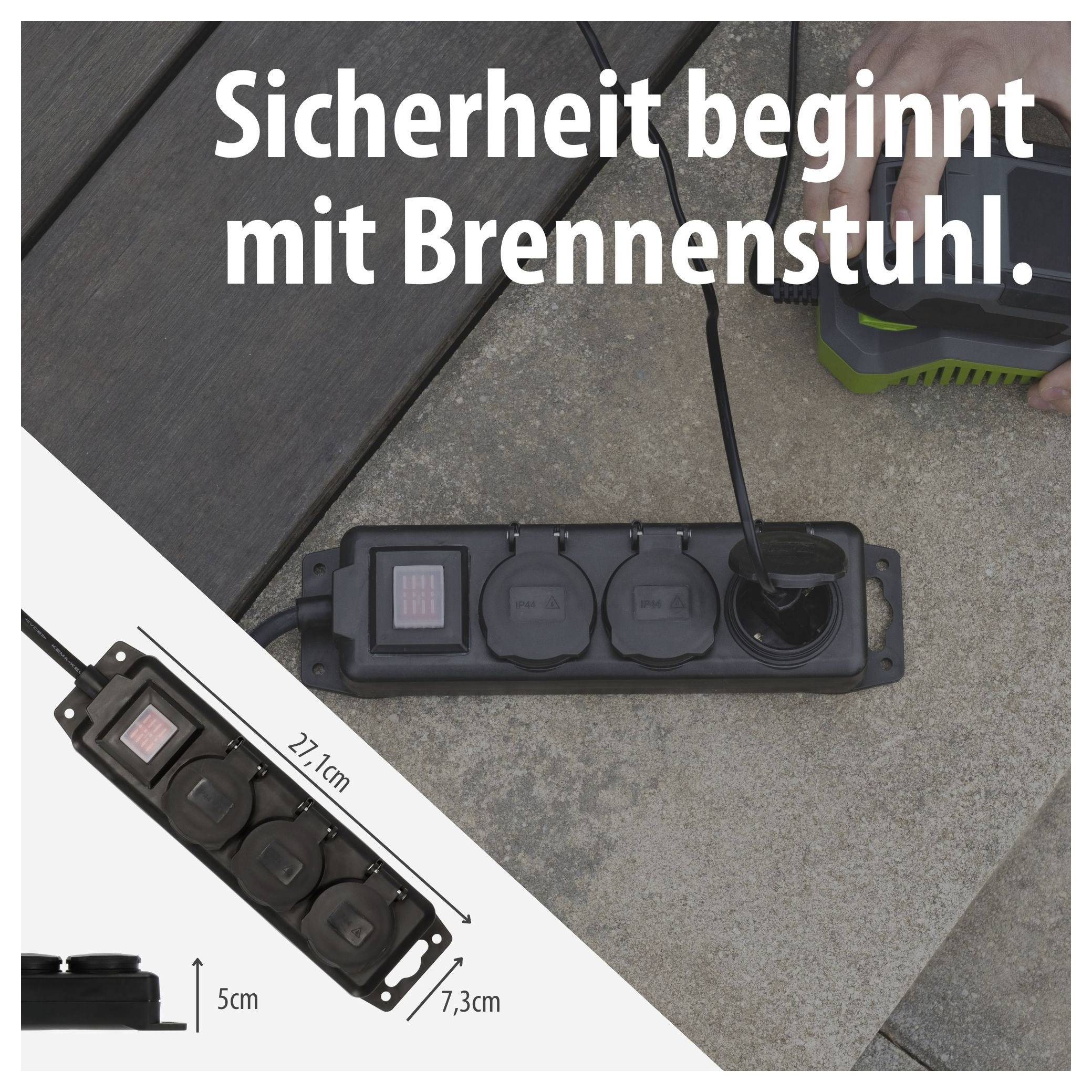 Werbung für eine Brennenstuhl-Steckdosenleiste mit dem Text 'Sicherheit beginnt mit Brennenstuhl.' und Maßangaben 27,1 cm, 7,3 cm und 5 cm.