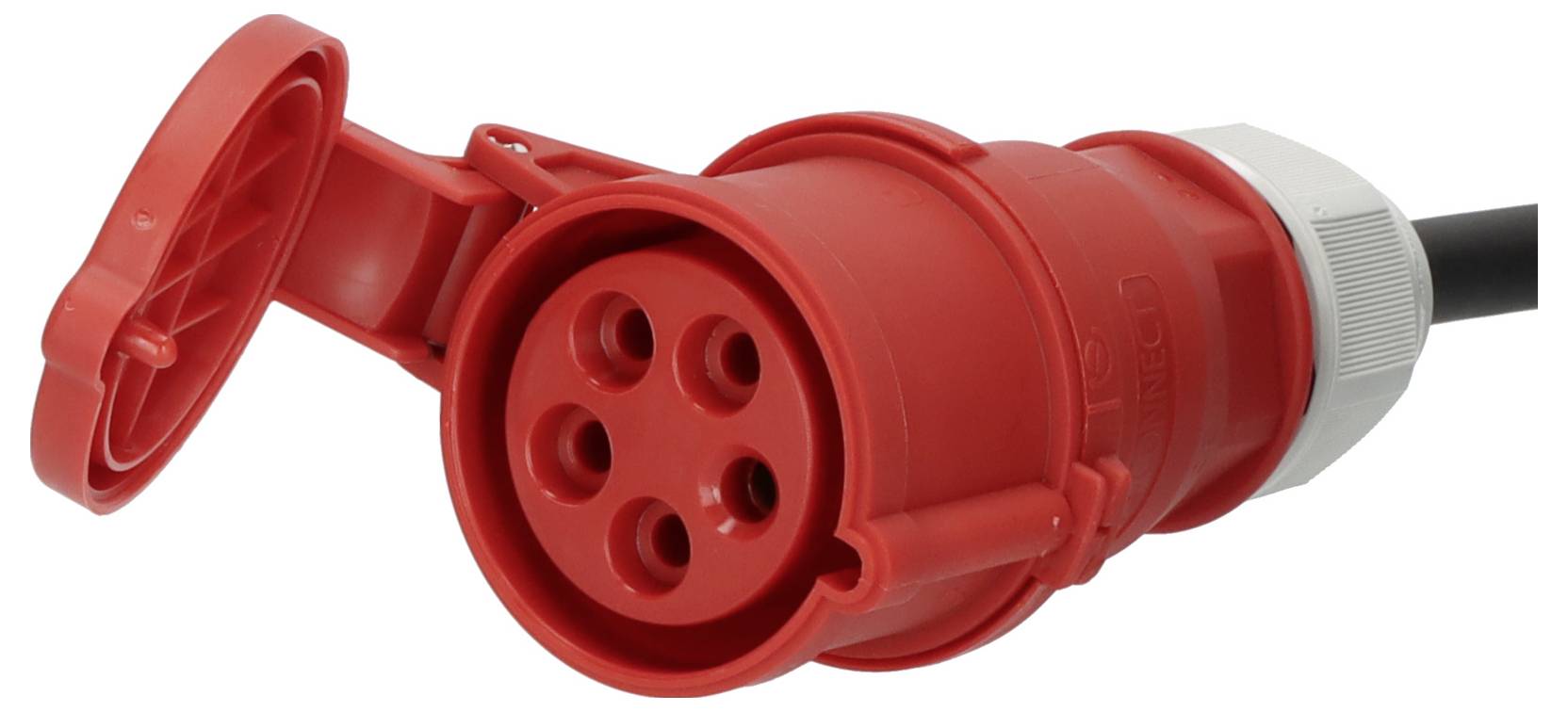 Roter Industrie-Stromstecker mit abnehmbarem Schutzdeckel und angebrachtem Kabel, gezeigt auf weißem Hintergrund.