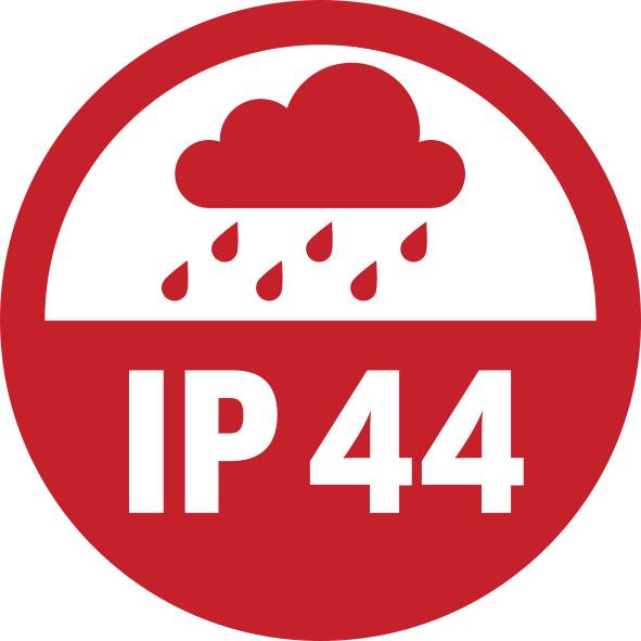 IP44-Symbol mit einer Wolke und Regentropfen. Zeigt an, dass das Gerät gegen Spritzwasser aus allen Richtungen geschützt ist.
