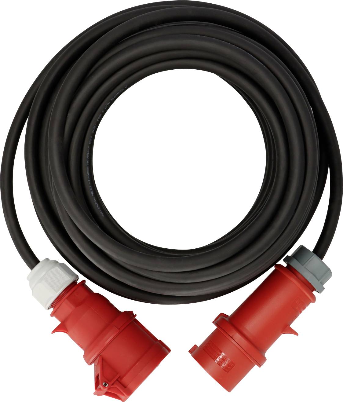 Ein langes schwarzes Elektrokabel mit roten, runden Steckverbindern an beiden Enden, für den industriellen Gebrauch geeignet.