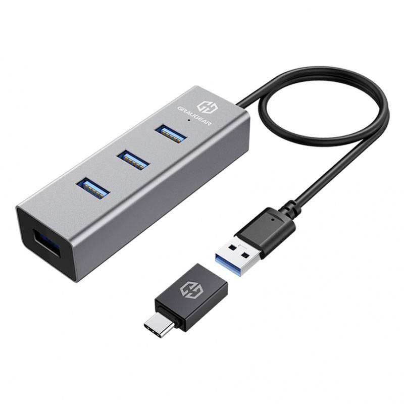 USB-C-Hub mit drei USB 3.0-Anschlüssen und einem USB-Kabel. Adapter für USB-C auf USB enthalten. Gerät auf weißem Hintergrund.