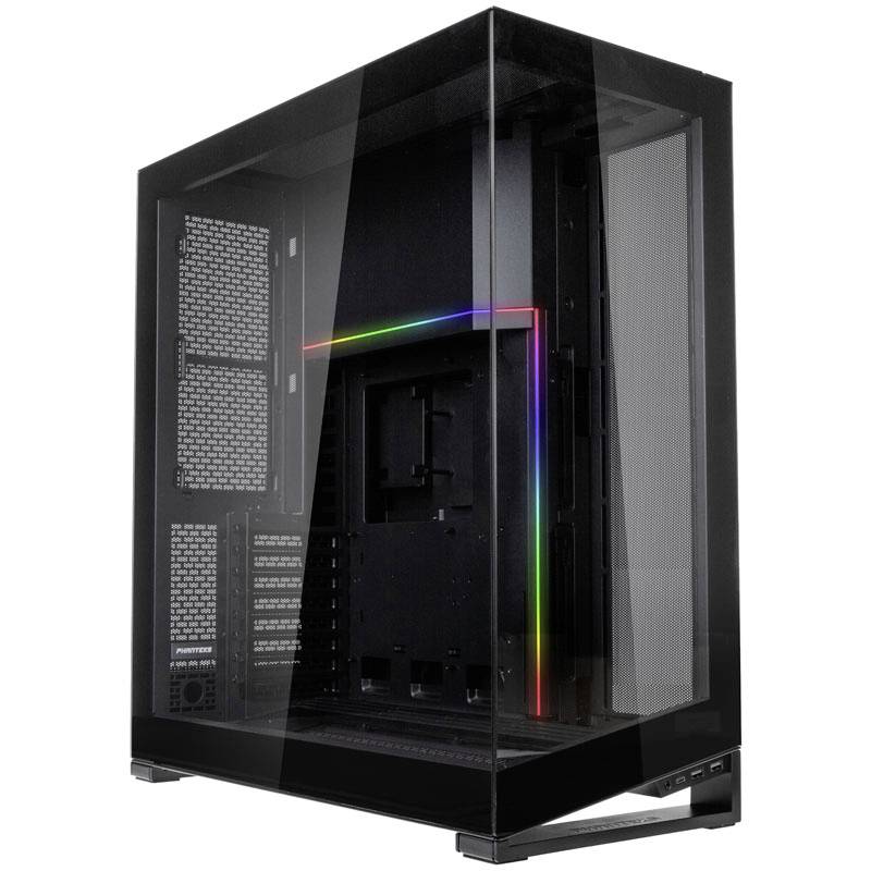 Transparentes PC-Gehäuse mit RGB-Beleuchtung. Seitenteile aus Glas, innere Struktur sichtbar. Modernes Design für Gaming-PCs.