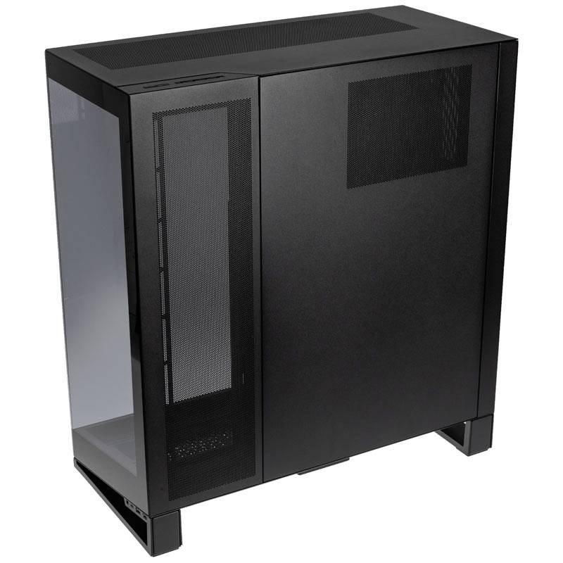 Ein schwarzes PC-Gehäuse mit Glas- und Lüftungselementen, geeignet für den Bau oder die Aufrüstung eines Desktop-Computers.