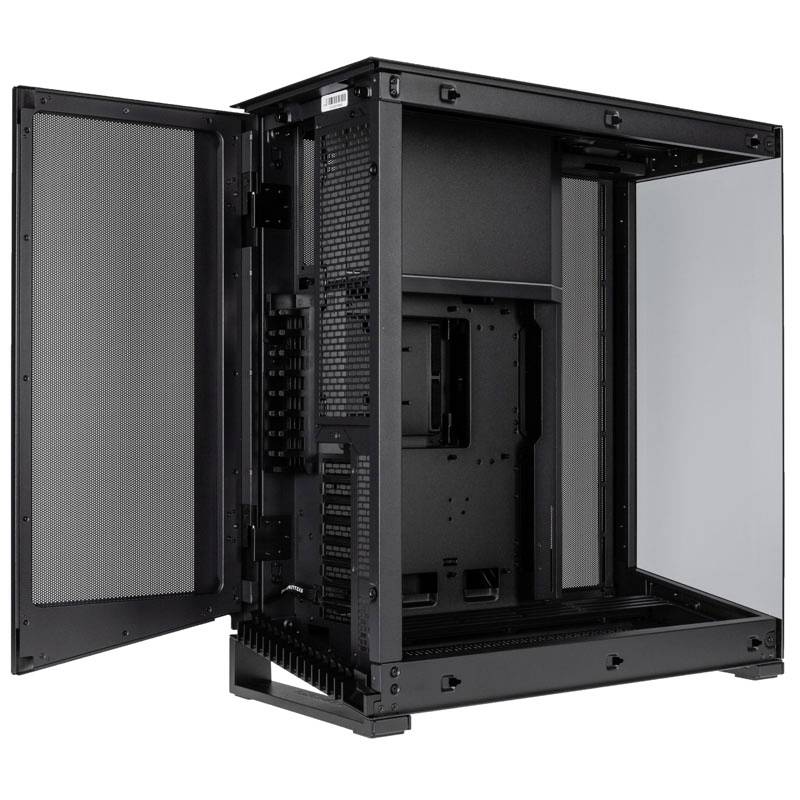Ein offenes Computergehäuse in Schwarz mit transparenten Seitenteilen. Es zeigt Platz für Komponenten und ein modulares Design.