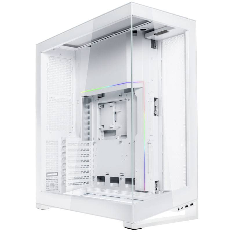 Weißes PC-Gehäuse mit Glasfront und RGB-Beleuchtung innen. Es ist leer und bereit zum Einbau von Computerkomponenten.