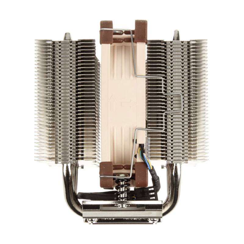 Ein CPU-Kühler mit zwei Türmen aus Aluminiumlammellen und Kupfer-Heatpipes. Der Kühler hat einen Lüfter in der Mitte.