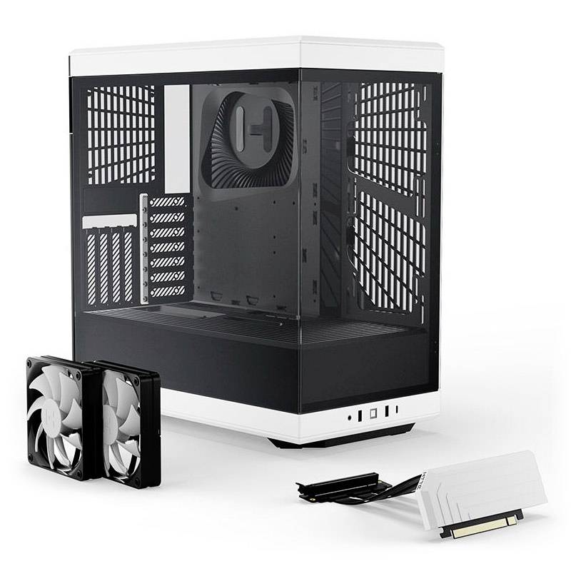 Ein weißes, offenes Computergehäuse mit zwei Ventilatoren und Zubehörteilen liegt daneben aufgestellt. Geeignet für PC-Aufbau.