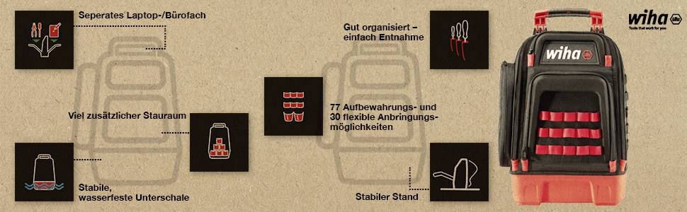 Ein schwarzer Werkzeugrucksack mit roten Akzenten. Hervorgehobene Merkmale: Laptopfach, zusätzliche Taschen, stabiler Stand, flexible Befestigungsmöglichkeiten.