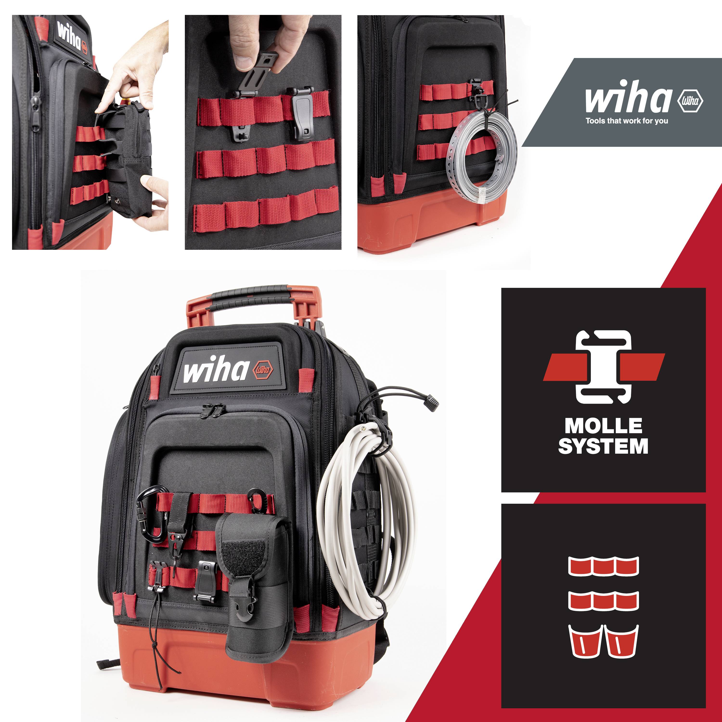 'Wiha Werkzeugrucksack mit MOLLE-System und Haltern' Hält Werkzeuge. Rucksack mit modularen Befestigungsmöglichkeiten. Markenlogo sichtbar.