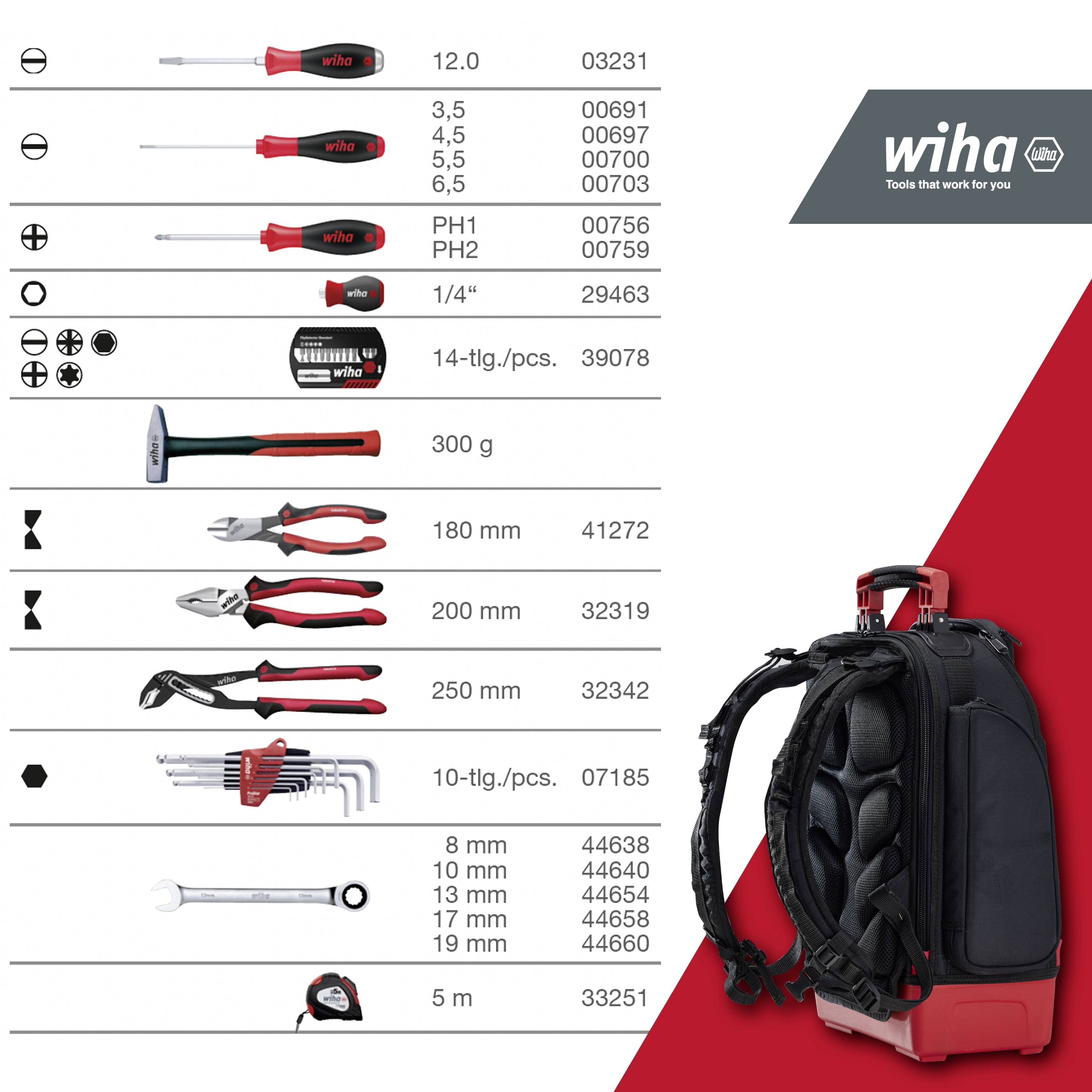 Wiha 45529 Handwerker, Heimwerker, Universal Werkzeugrucksack bestückt 41teilig (L x B x H) 385 x 260 x 530mm