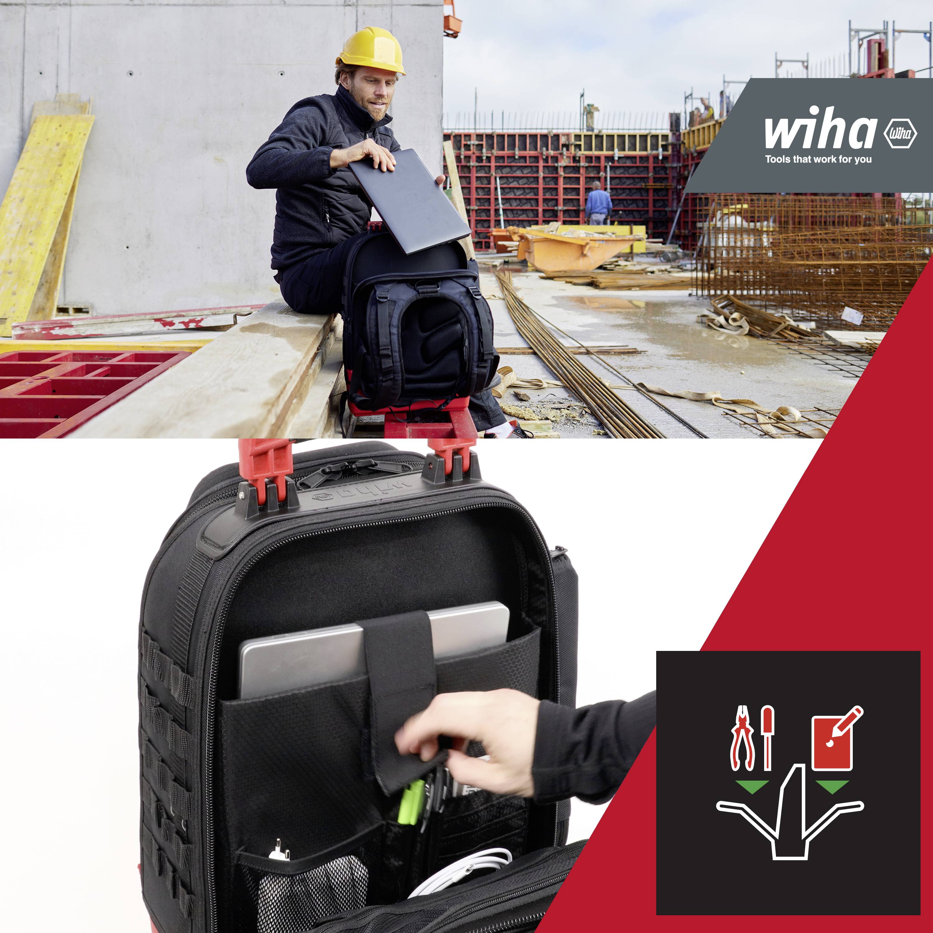 Wiha 45529 Handwerker, Heimwerker, Universal Werkzeugrucksack bestückt 41teilig (L x B x H) 385 x 260 x 530 mm