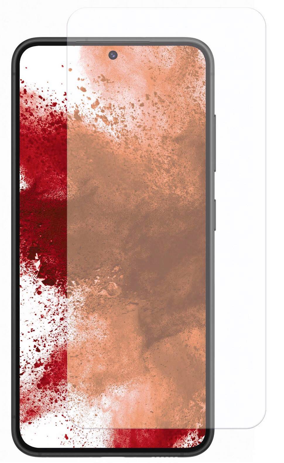 Smartphone mit Display-Schutzfolie. Bildschirm zeigt rote und braune Farbspritzer auf weißem Hintergrund.