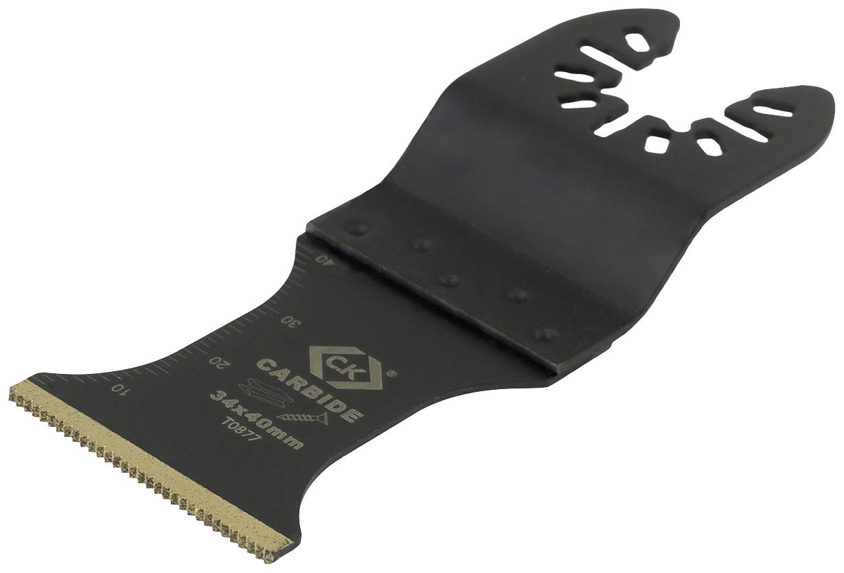 Eine schwarze Sägeklinge mit gelben Zähnen, geeignet für Multitools. Geeignet zum Schneiden von Metallen und anderen robusten Materialien.