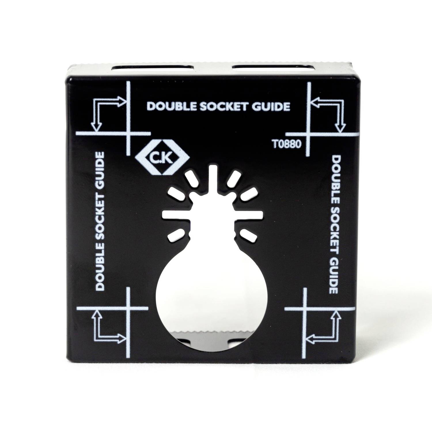 Schwarze Kunststoffschablone mit weißen Markierungen und mittlerer Ausstanzung in Form einer Glühbirne, bezeichnet als 'Double Socket Guide'.