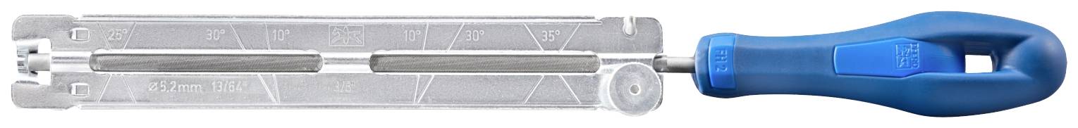 Schärfwerkzeug mit blauem Griff und schmaler Metallklinge, konzipiert für präzises Schärfen und Nachbearbeiten von Werkzeugen.