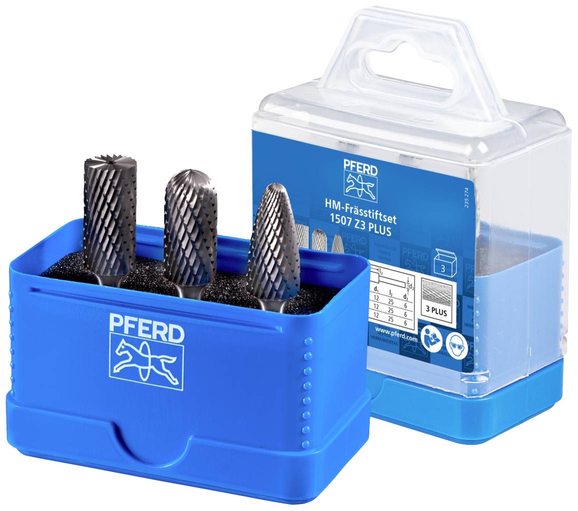 Ein blaues Set mit drei rotierenden Frässtiften in einem Kunststoffbehälter, markiert mit dem Logo von 'Pferd' und der Bezeichnung 'HM-Frässtiftset 1507 Z3 PLUS'.