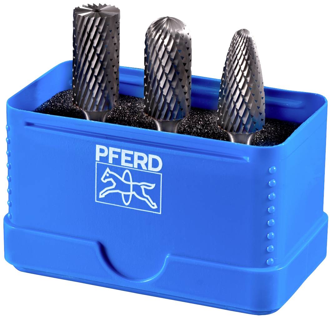 Eine blaue Box mit drei metallischen Schleifwerkzeugen, geformt als Zylinder und Kegel, mit dem Logo 'PFERD' auf der Vorderseite.