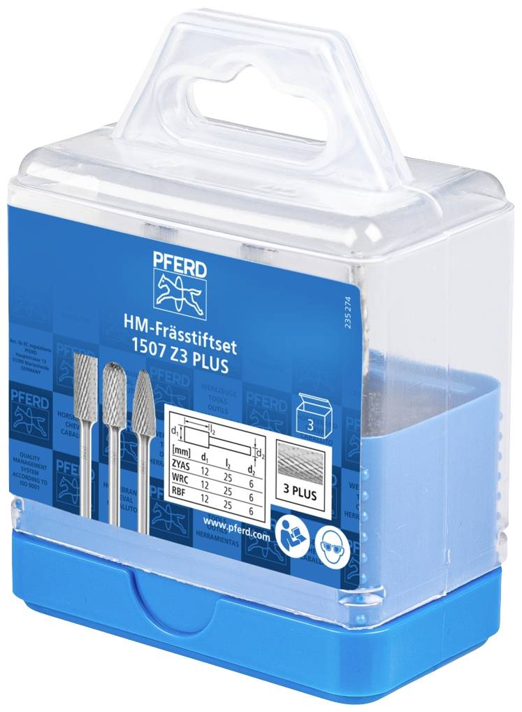 Ein Frässtiftset der Marke Pferd im blauen Kunststoffgehäuse. Enthält verschiedene Frässtifte. Verpackung mit Tragegriff.