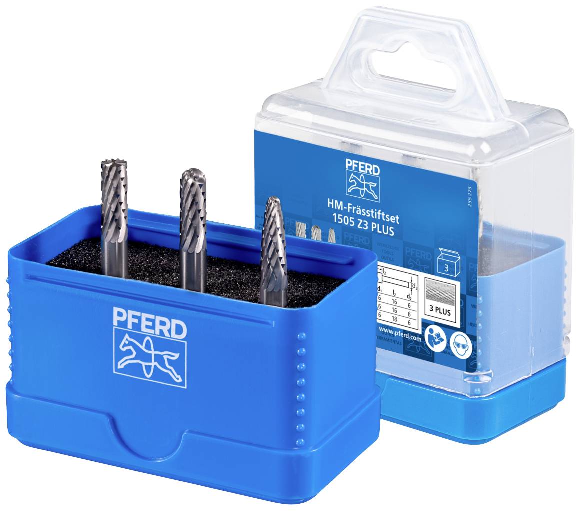 Ein Set von drei Frässtiften in einer blauen Verpackung mit dem Logo und der Aufschrift 'PFERD'. Die Verpackung ist transparent.