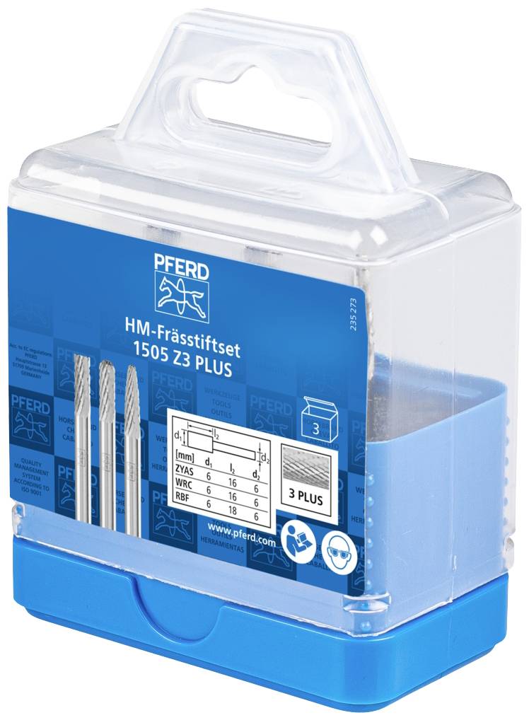 'HM-Frässtiftset 1505 Z3 PLUS' in blauer Verpackung mit transparentem Deckel, zeigt sechs Frässtifte unterschiedlicher Größen.