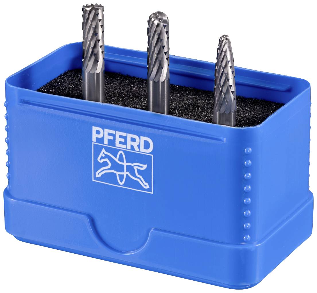 Drei Fräser in einem blauen Kunststoffbehälter mit Schaumstoffeinsatz, Marke 'PFERD' vorne aufgedruckt.