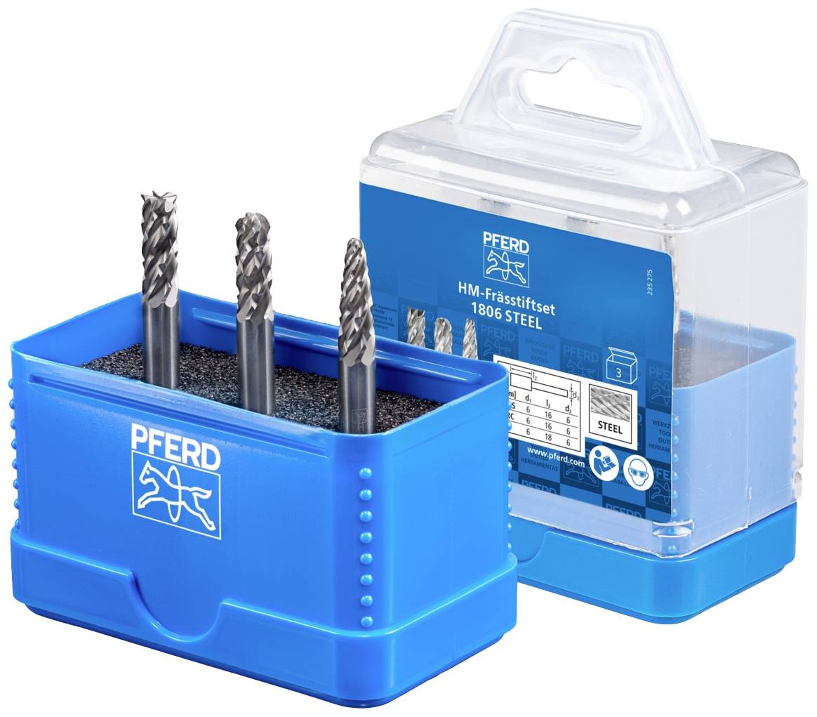 Blaues Frässtiftset mit vier Frässtiften aus Stahl in einer transparenten Kunststoffbox. Die Marke 'Pferd' ist sichtbar.