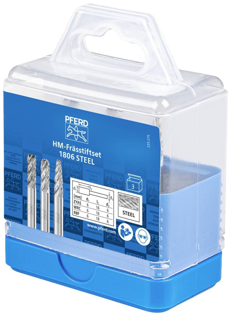 Verpackung eines HM-Frässtiftsets für Stahlbearbeitung. Enthält drei Frässtifte mit unterschiedlichen Abmessungen. Hersteller: PFERD.