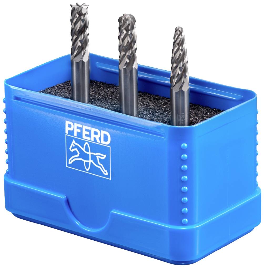 Blaue Kunststoffbox von 'Pferd' mit drei Metallfräsern, jeweils mit unterschiedlicher Schneideform, stehend in Schaumstoff.