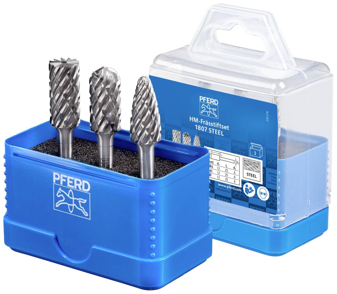 'Drei Frässtifte in einem blauen Behälter. Verpackung zeigt Marke 