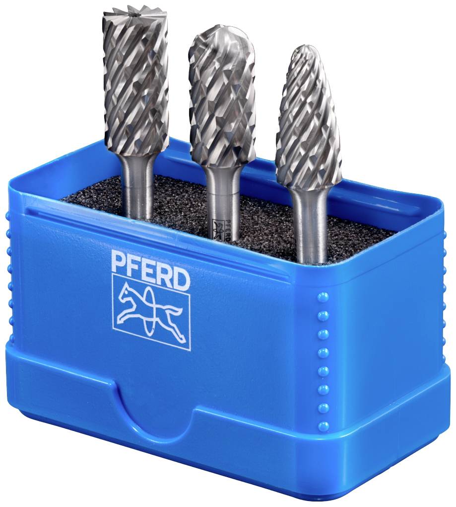 Drei Frässtifte mit unterschiedlichen Spitzenformen in einem blauen Halter, Marke 'Pferd', vor weißem Hintergrund.
