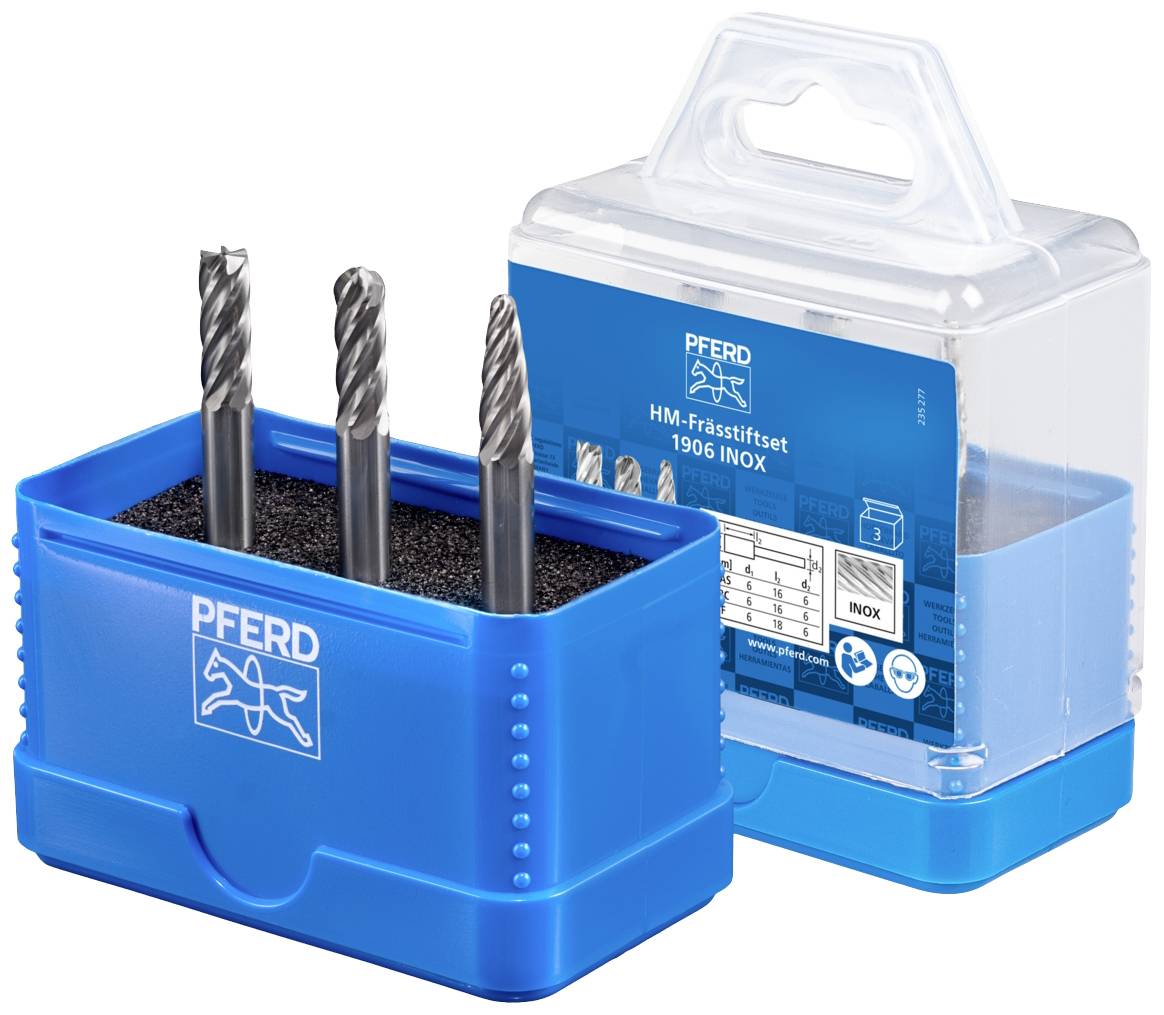 Blaue Verpackung mit Frässtiften von PFERD, Modell 'HM-Frässtiftset 1906 INOX'. Vier Fräser stehen in einer Halterung.