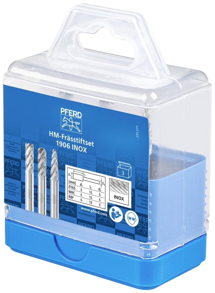 'PFERD HM-Frässtiftset 1906 INOX', blau, 3-teilig, abgebildet mit Frässtiften. Verpackung mit transparentem Plastikdeckel.