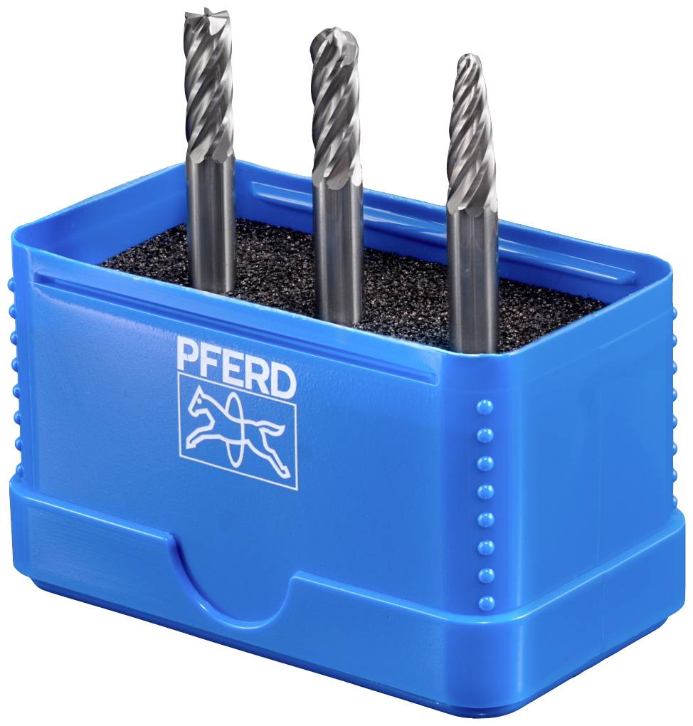 Drei metallische Frässtifte in einem blauen Halter mit 'PFERD'-Logo, das ein stilisiertes Pferd zeigt.