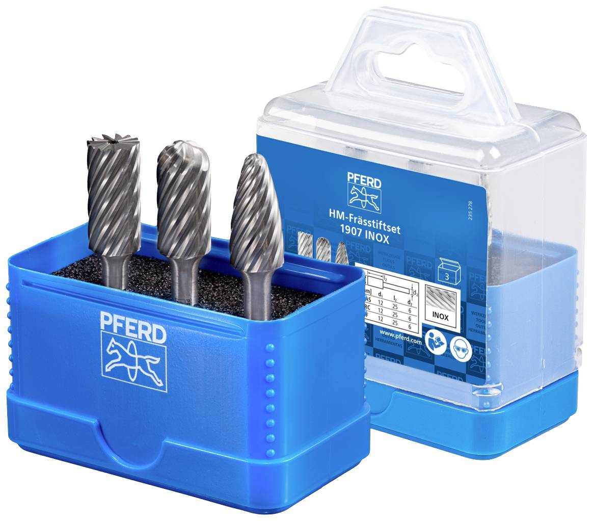 Drei Metallfrässtifte in einem blauen Kunststoffbehälter mit Schaumstoff. Verpackung zeigt das Pferd-Logo und technische Informationen.