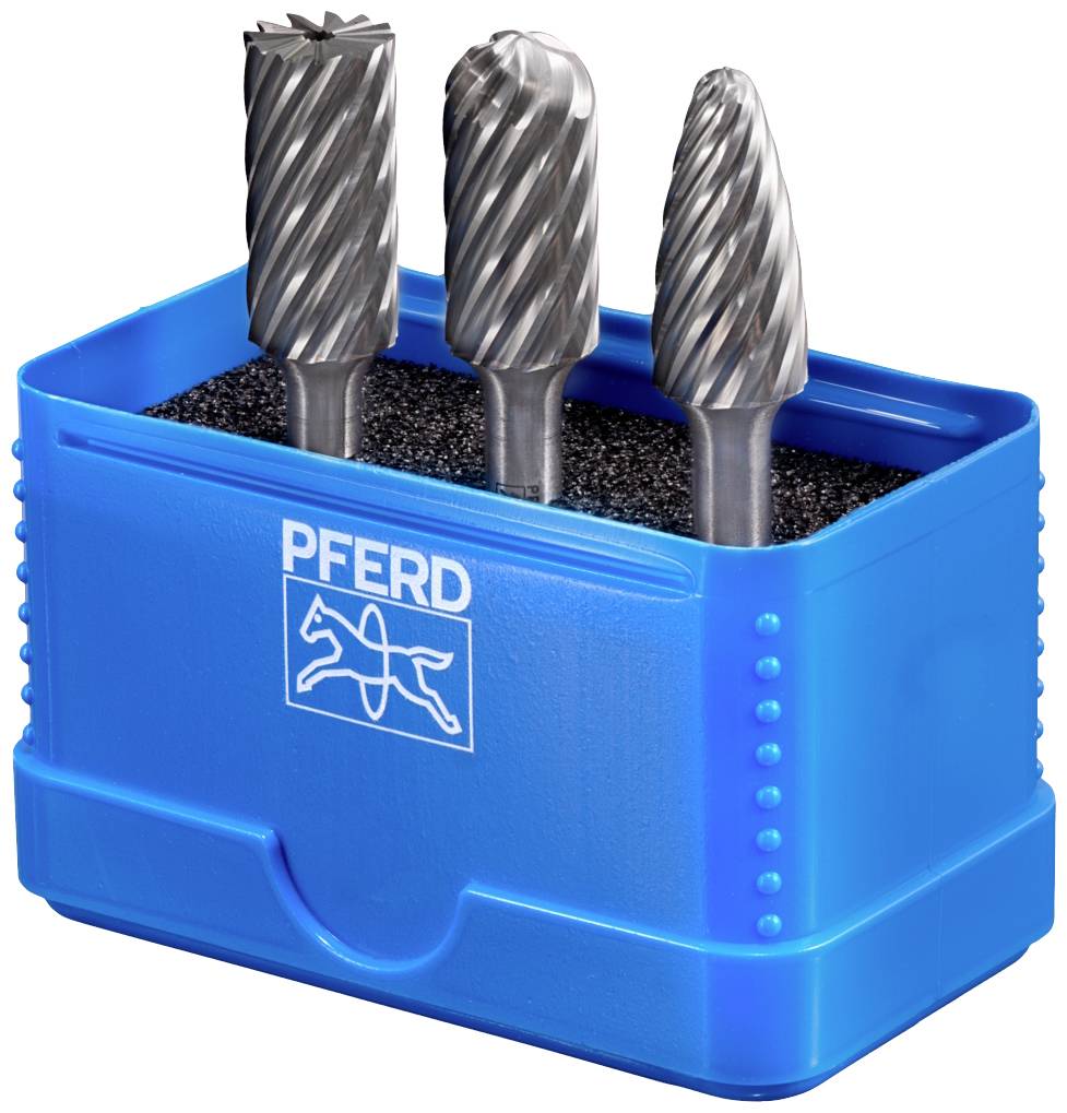 Ein blauer Behälter mit Schaumstoffeinlage, enthält drei Metallfräser mit verschiedenen Schneidflächen.