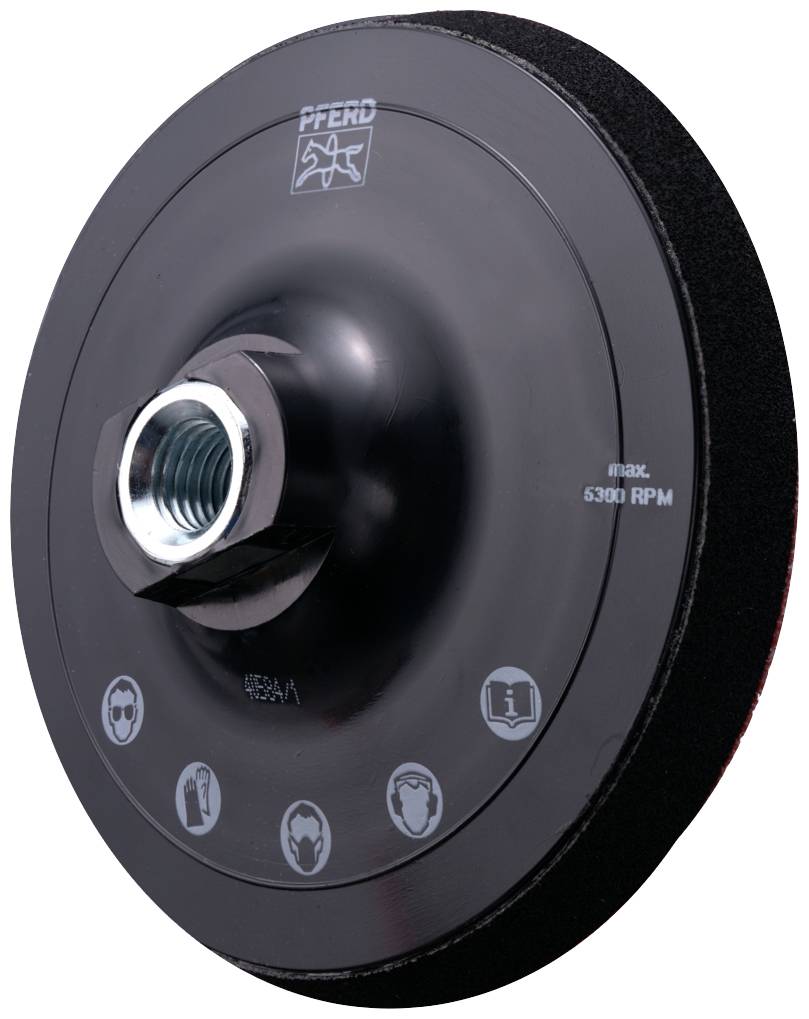 Schleifteller mit Drehzahlangabe 'max. 5300 RPM' und Symbolen für Sicherheitshinweise wie Augenschutz.
