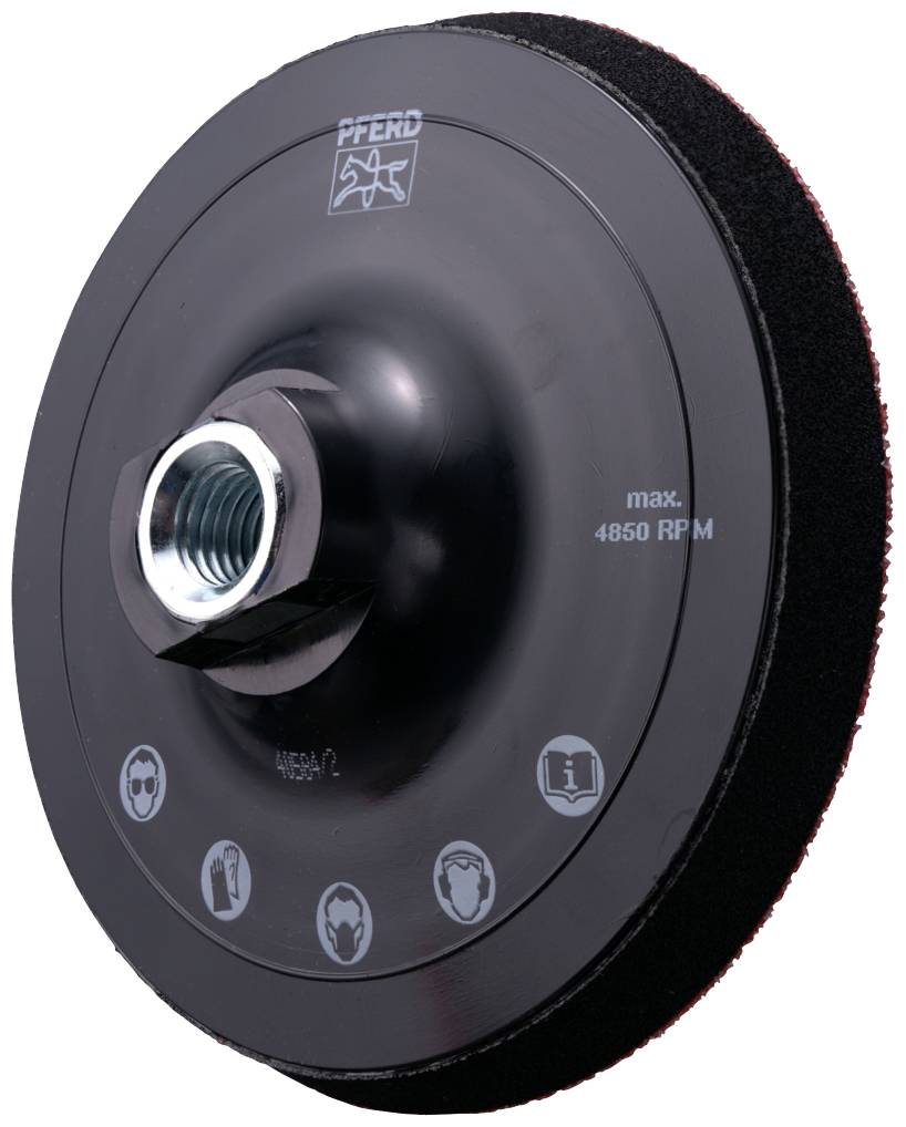 Polierscheibe mit Befestigung. Symbole für Schutzbrille und Gehörschutz sind sichtbar. Maximale Drehzahl 'max. 4850 RPM'.