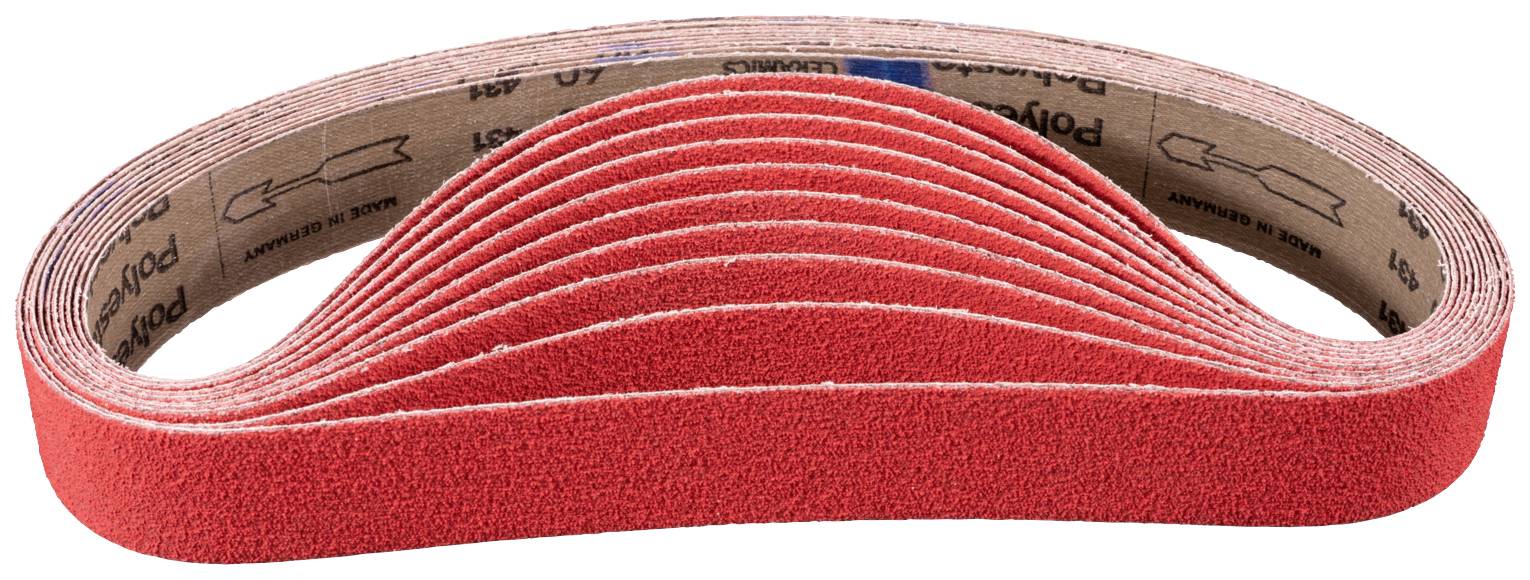 Ein Stapel roter Schleifbänder, in einer geschwungenen Form angeordnet, zeigt die raue Oberfläche für Schleifarbeiten.