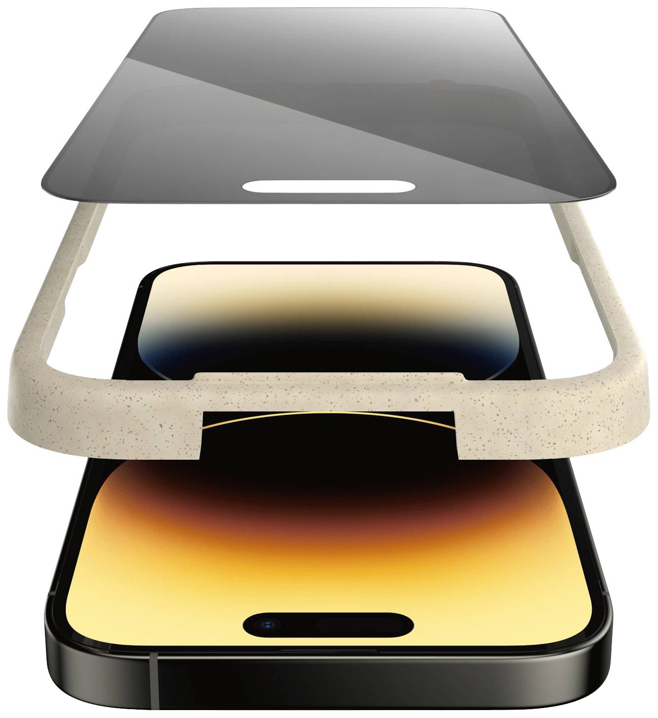 Explodierte Darstellung eines Smartphones mit Bildschirm, Hülle und Kameraöffnung. Zeigt Teile und Aufbau des Geräts.