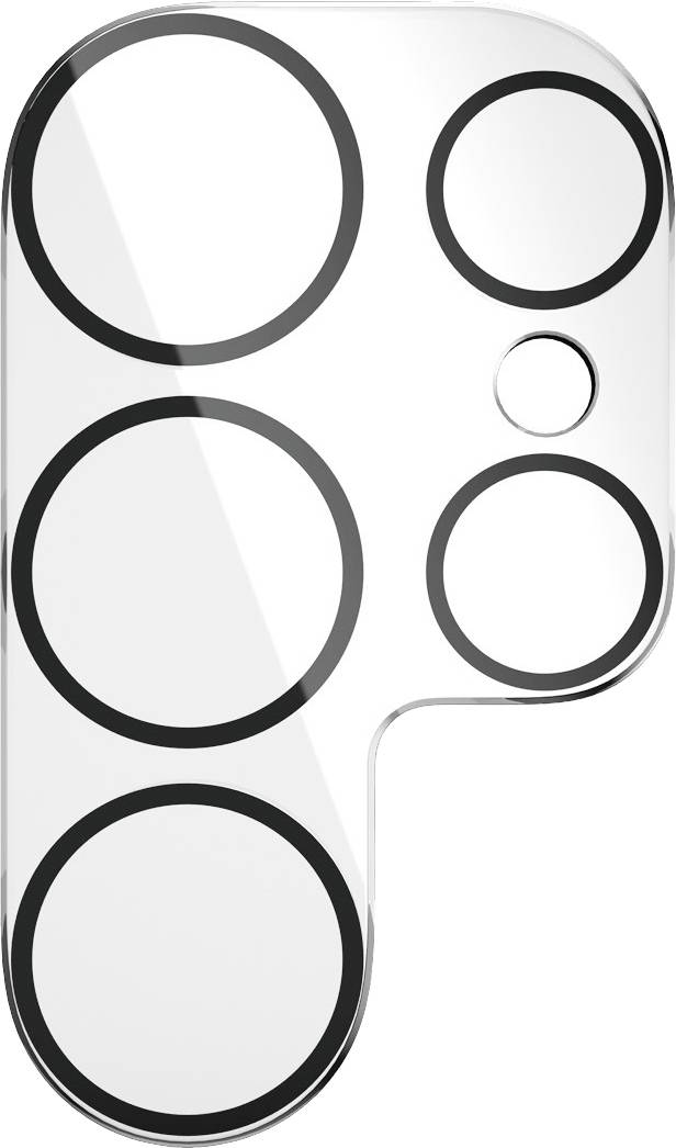 Klares, transparentes Objekt mit mehreren großen und kleinen schwarzen Ringen auf der Oberfläche, wirkt wie eine Design-Schablone.