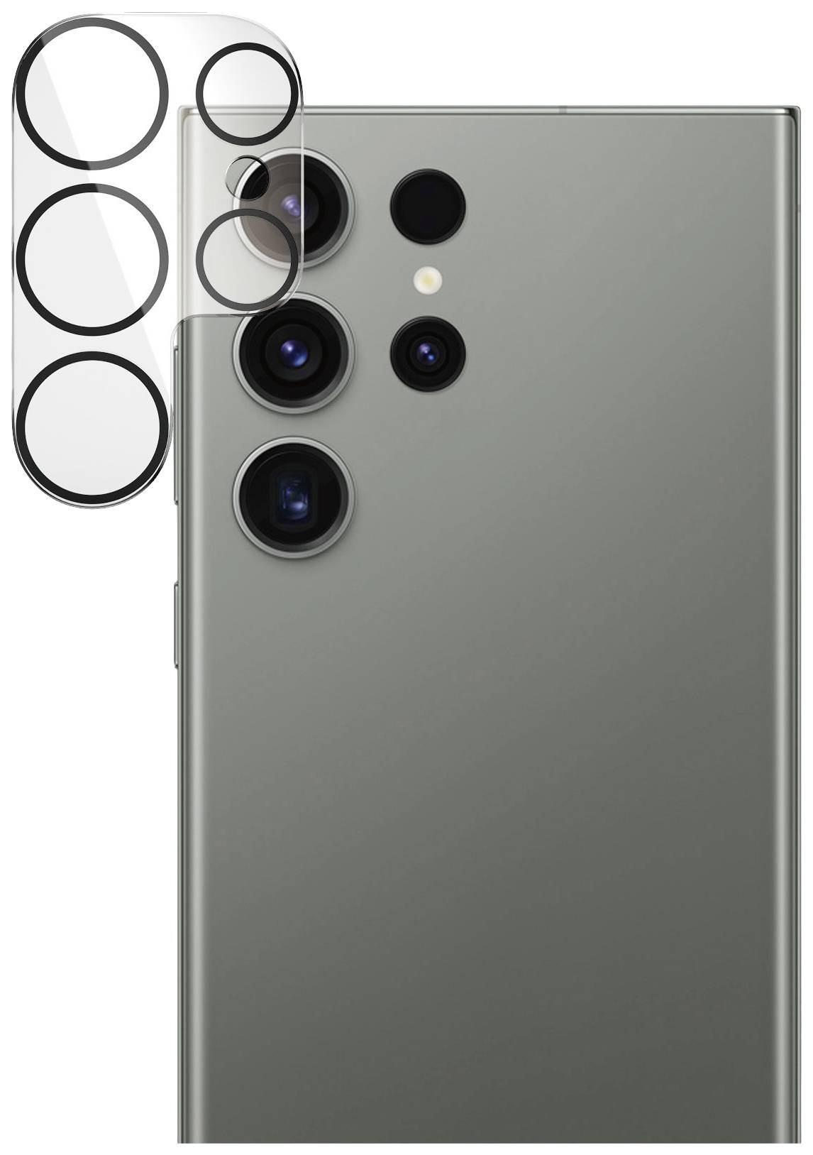 Ein Smartphone mit vier Kameralinsen und Blitzlicht auf der Rückseite, daneben ein Protektor für die Linsen in einer Einblende.