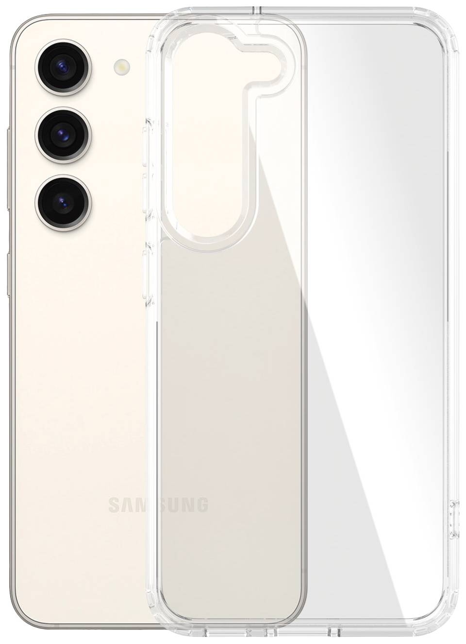Ein Smartphone von hinten mit drei Kameralinsen und einem transparenten Case daneben. Das Gerät ist elegant und minimalistisch gestaltet.