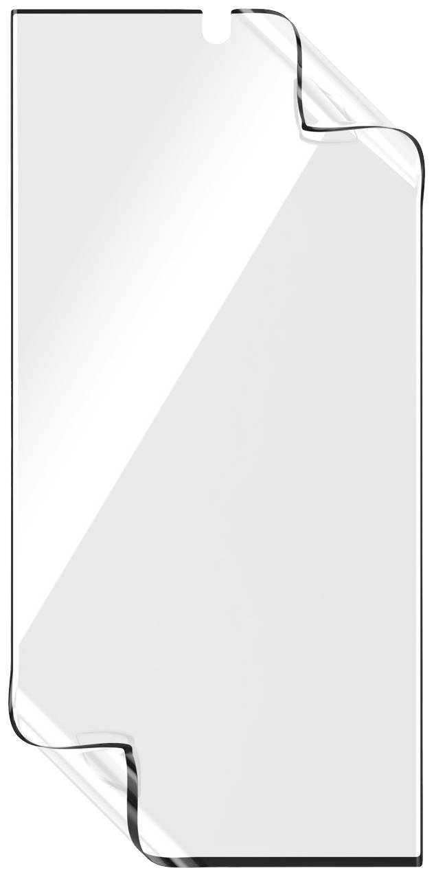 Displayschutzfolie mit abgerundeten Ecken und glänzender Oberfläche; klar und durchsichtig, zum Schutz des Smartphone-Bildschirms.