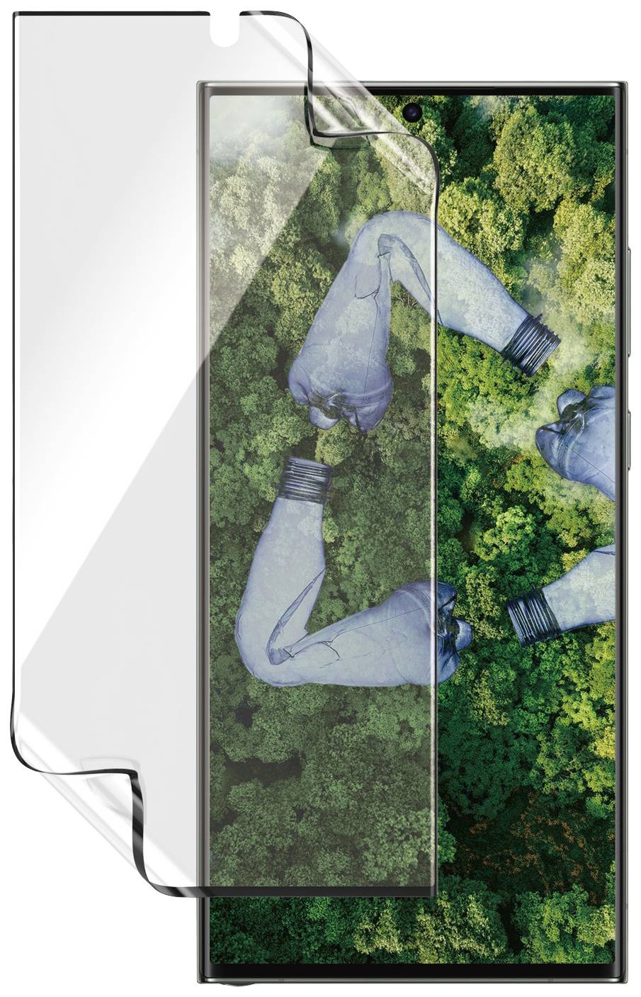 Ein Smartphone mit abgerundetem Glas mit einem Bild von zwei Händen in blauen Strümpfen, die auf einen üppig grünen Hintergrund zeigen.