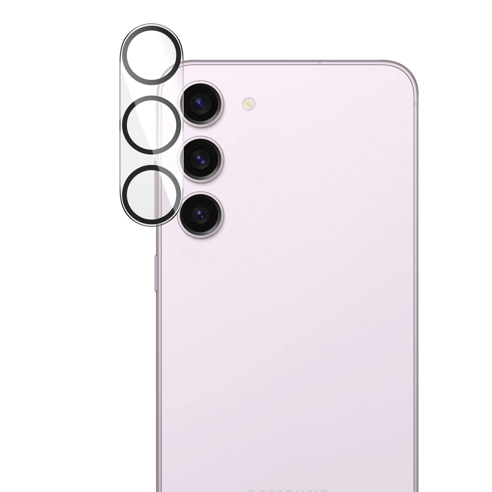 Ein Smartphone in heller Farbe mit drei Kameralinsen auf der Rückseite und einem schlichten, modernen Design.