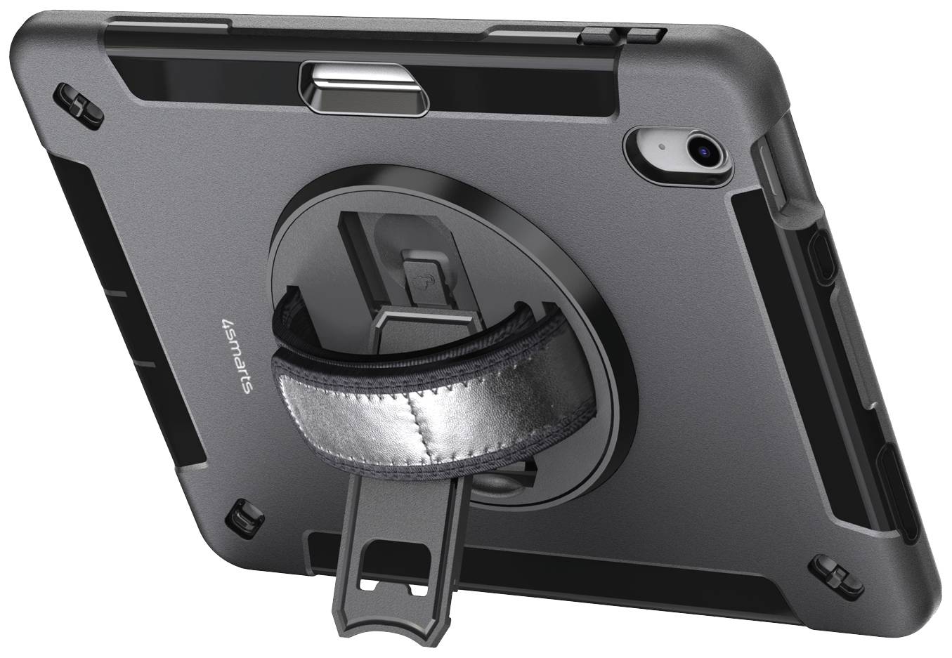 Ein Tablet in einer Schutzhülle mit einem verstellbaren Handriemen und Ständer auf der Rückseite, das Stabilität und Flexibilität bietet.